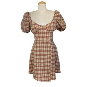 PrettyLittleThing Cream and Brown Checkered Mini Dress Women’s Size 4